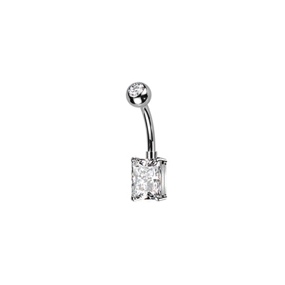 Titanium belly ring with CZ top and rectangle brass prong CZ for navel piercing