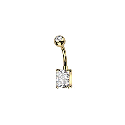 Titanium belly ring with CZ top and rectangle brass prong CZ for navel piercing