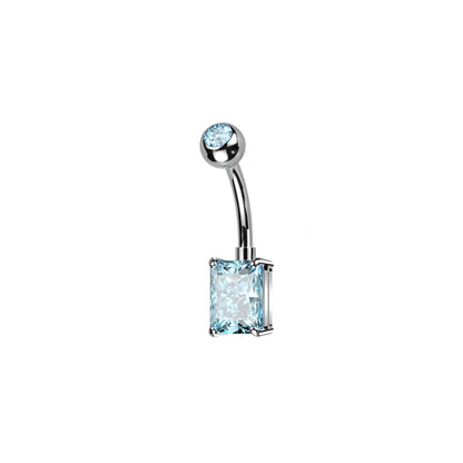 Titanium belly ring with CZ top and rectangle brass prong CZ for navel piercing
