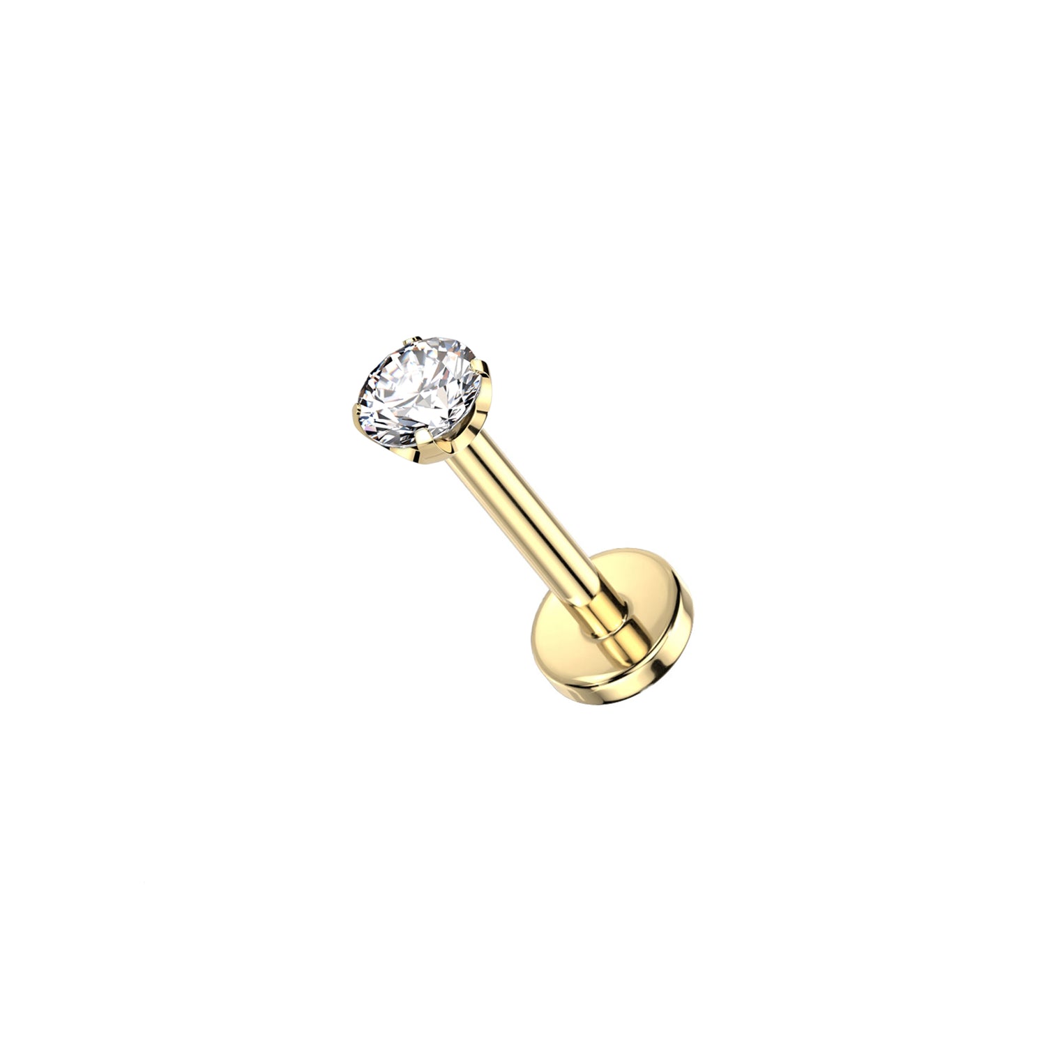 Gold titanium clear CZ prong set threadless stud on white background

