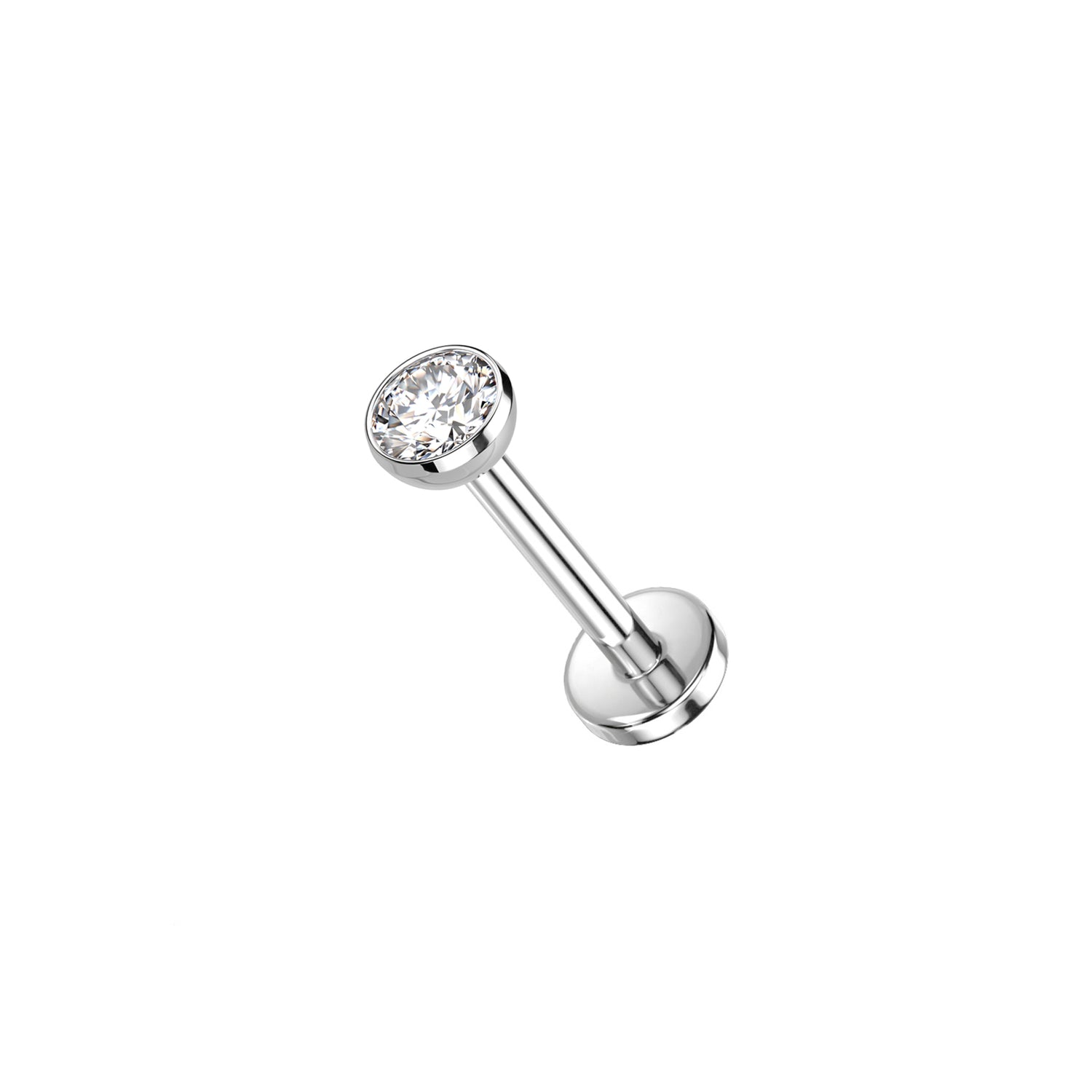 Clear CZ bezel-set titanium threadless flat back stud on white background