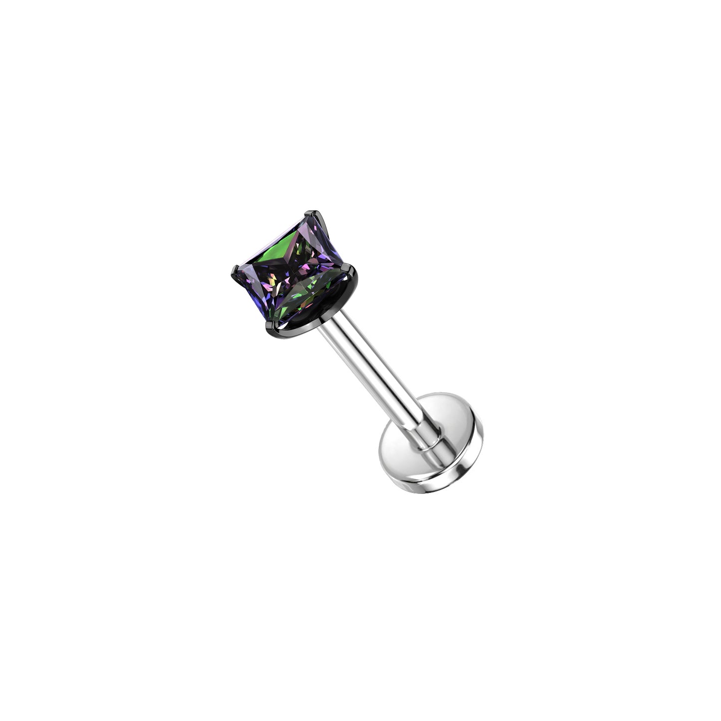 ✨ Titanium Prong-Setting Square Vitrail Medium CZ Black Top Threadless Labret