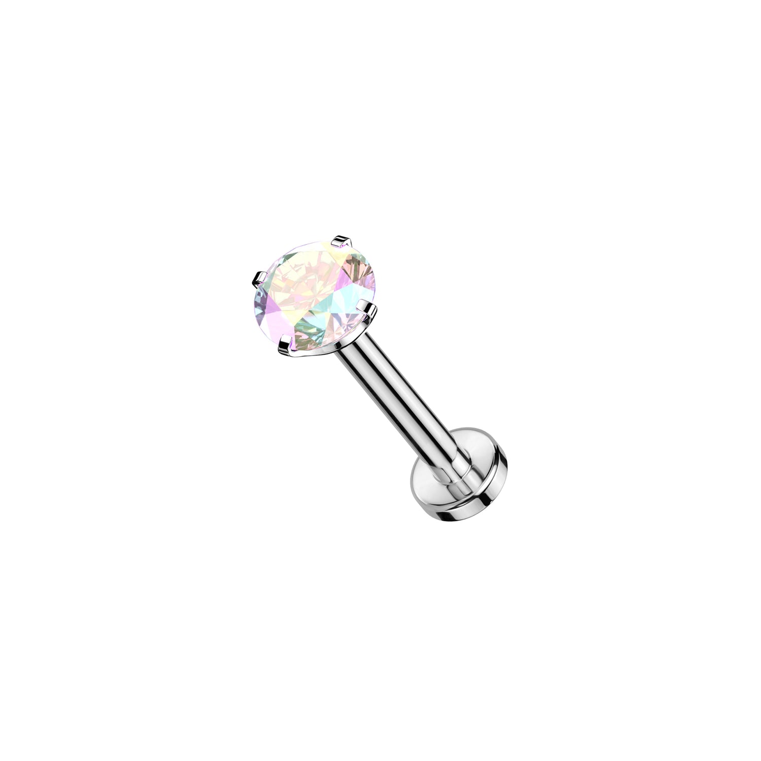 Titanium AB aurora borealis CZ prong set threadless stud on white background