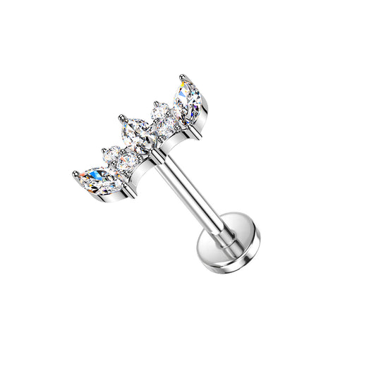 Titanium threadless labret with marquise CZ crown climber top for helix piercing