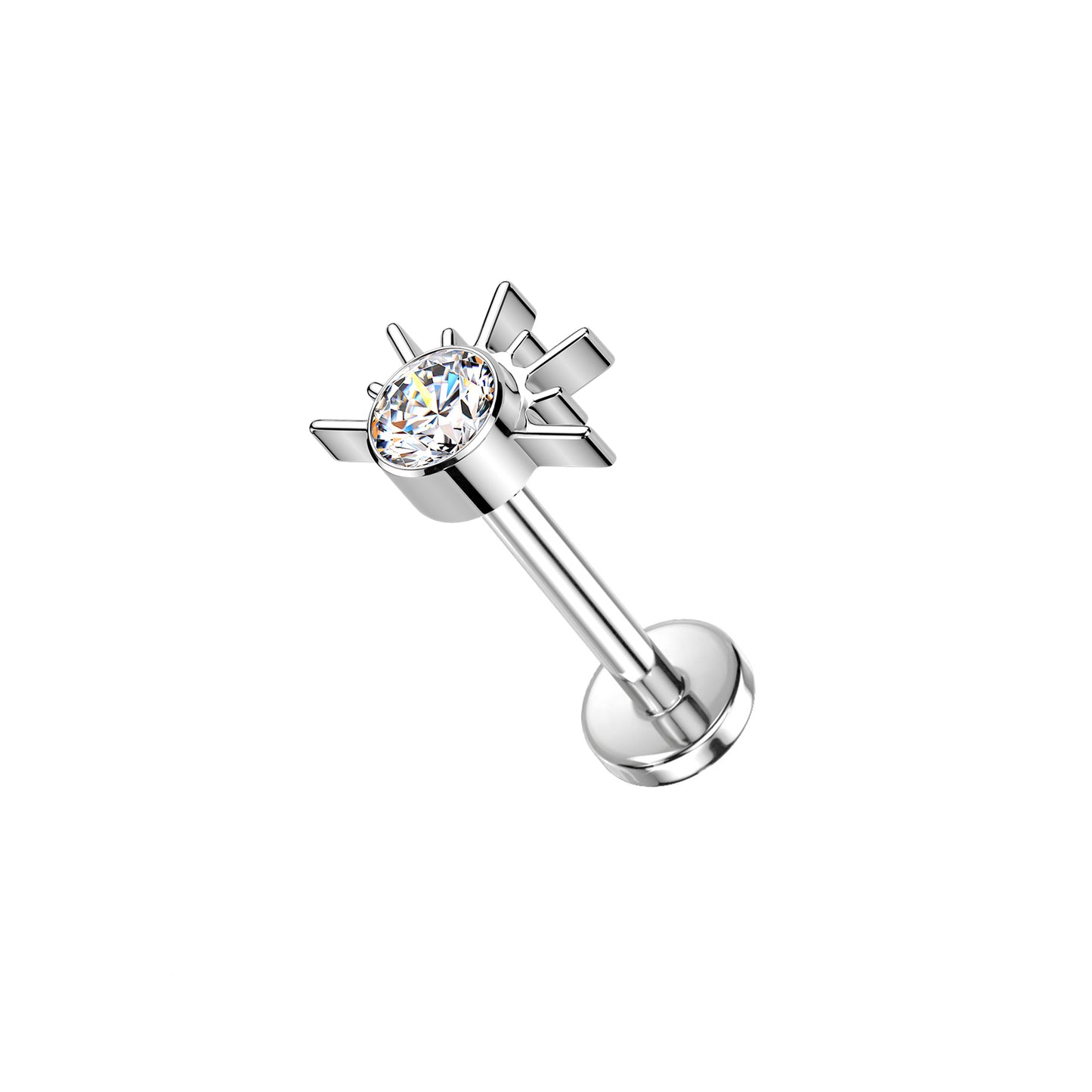 Titanium threadless labret with sunrise design CZ or opal center
