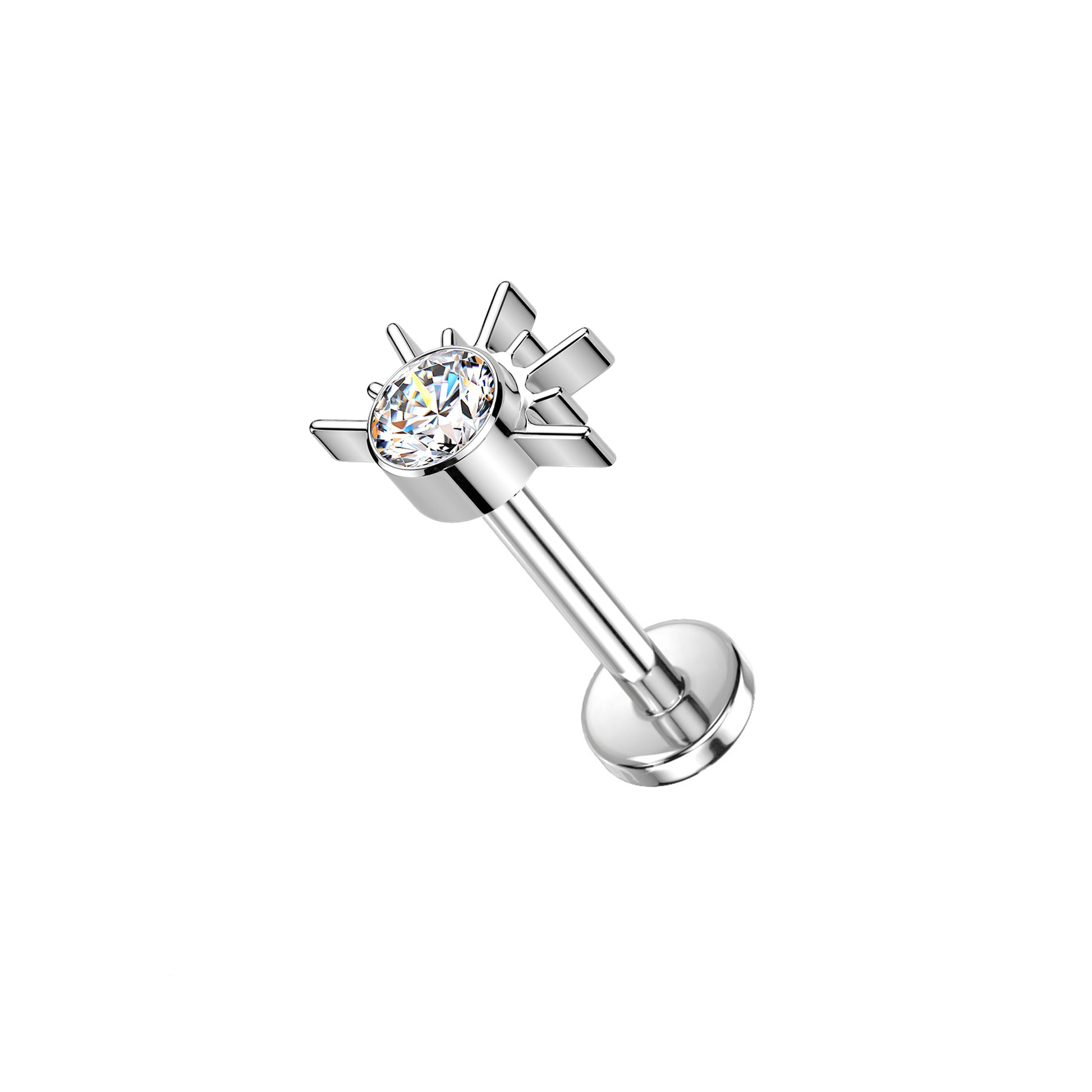 Titanium threadless labret with sunrise design CZ or opal center
