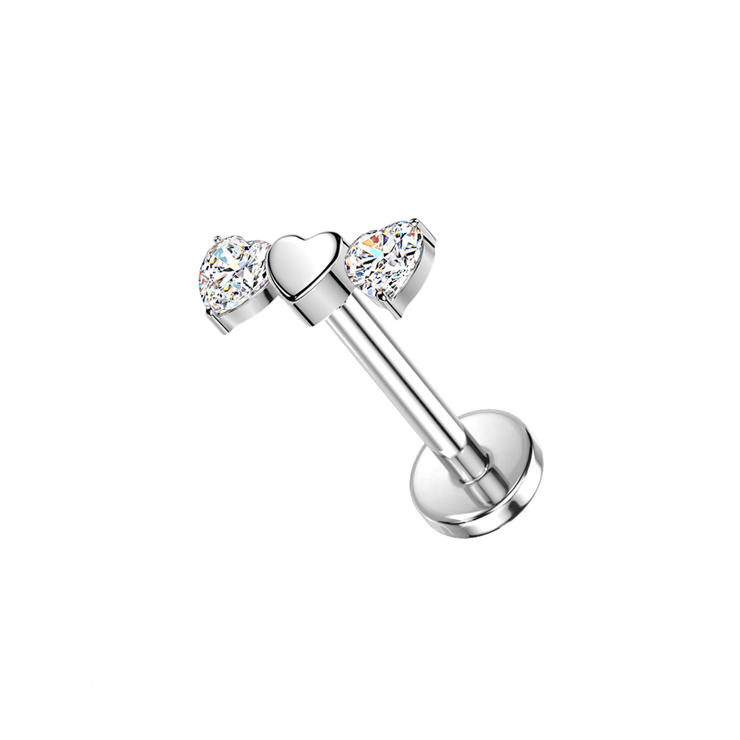 Titanium threadless labret with CZ triple heart top for ear piercing

