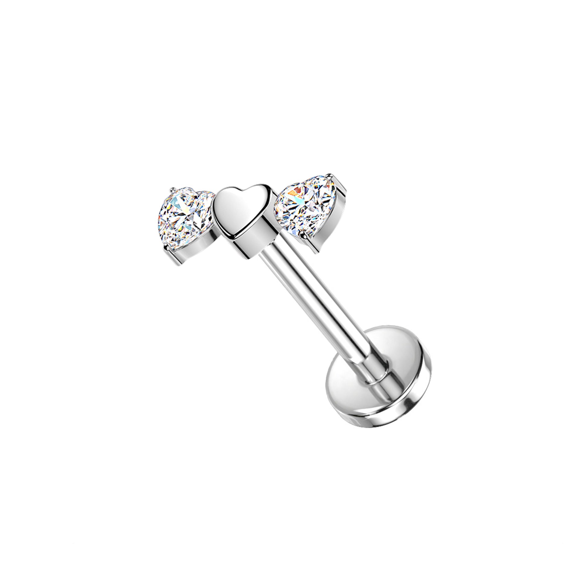 Titanium threadless labret with CZ triple heart top for ear piercing

