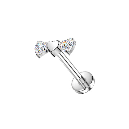 Titanium threadless labret with CZ triple heart top for ear piercing
