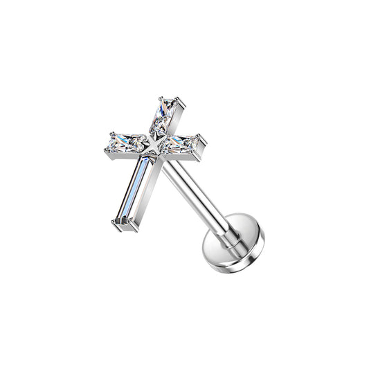 Titanium threadless labret with baguette CZ cross top for ear piercing
