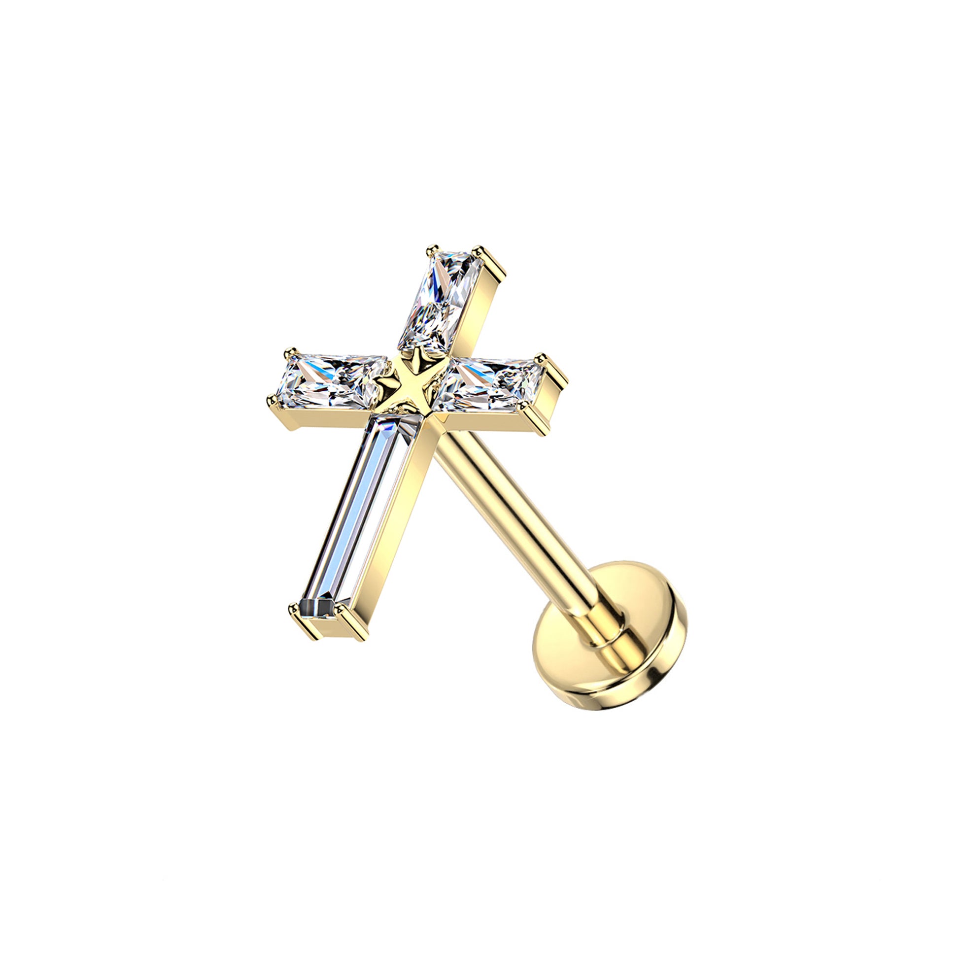 gold Titanium threadless labret with baguette CZ cross top for ear piercing

