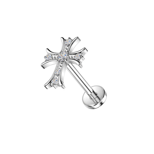 Titanium threadless labret with gothic CZ paved cross top for earlobe piercing
