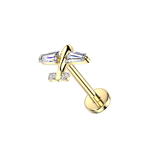 gold Titanium threadless labret with baguette CZ ribbon twist top for cartilage piercing
