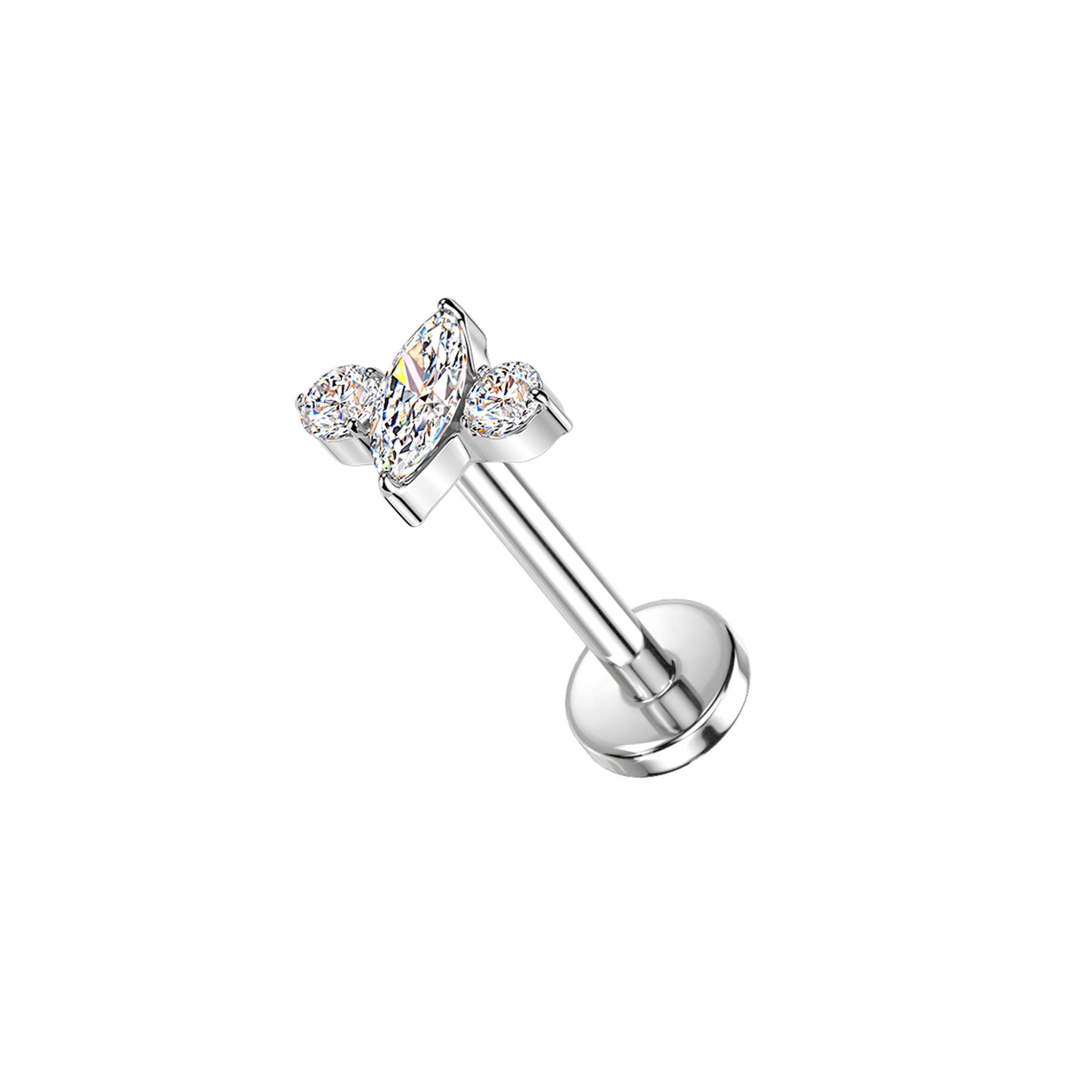 Titanium threadless labret with marquise and round CZ trio top for tragus piercing
