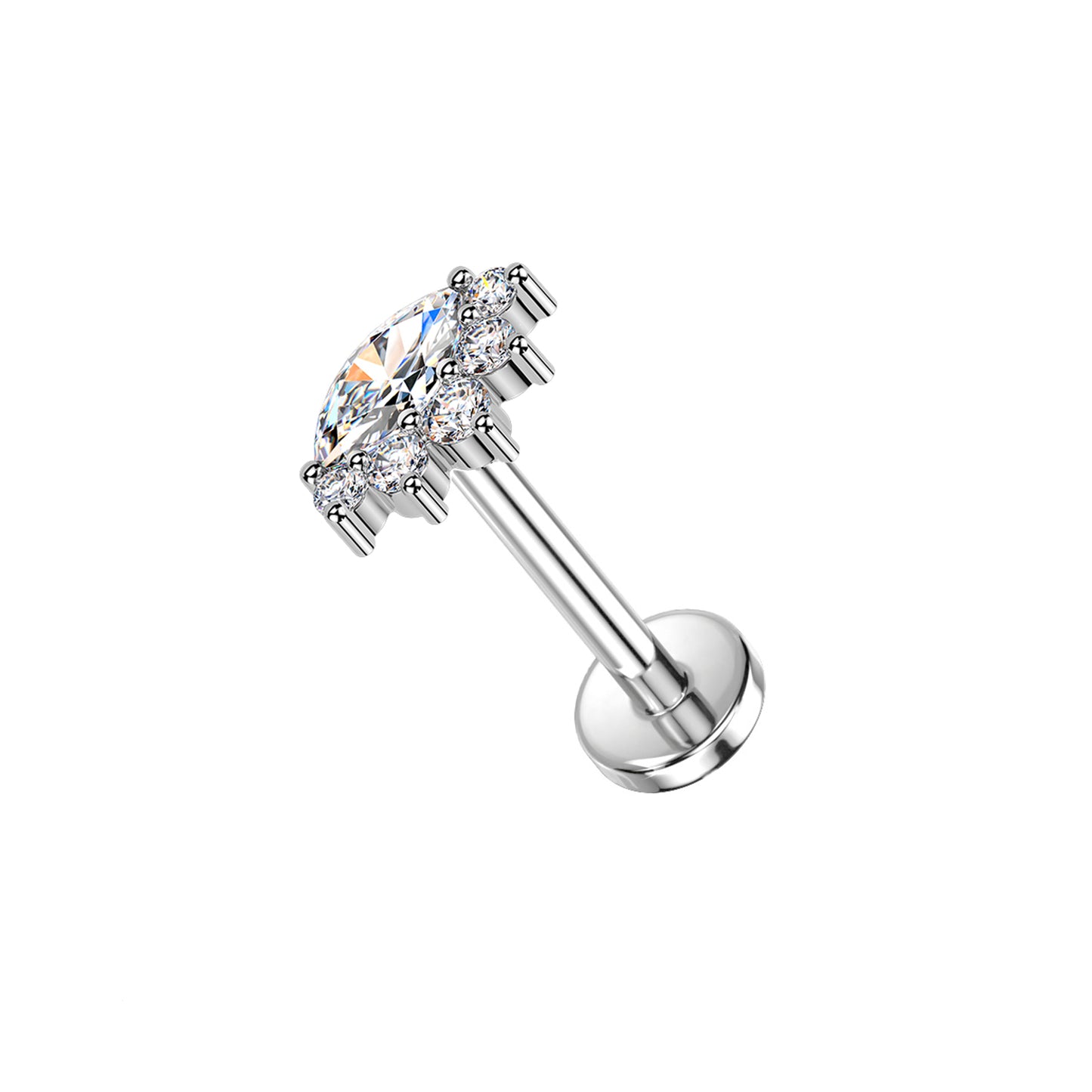 Titanium threadless labret with marquise CZ cluster top for helix piercing
