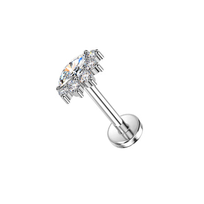 Titanium threadless labret with marquise CZ cluster top for helix piercing
