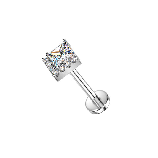 Titanium threadless labret with square and pave CZ top for cartilage