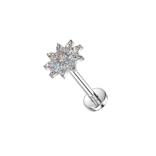 Titanium threadless labret with CZ petal flower top for ear piercing