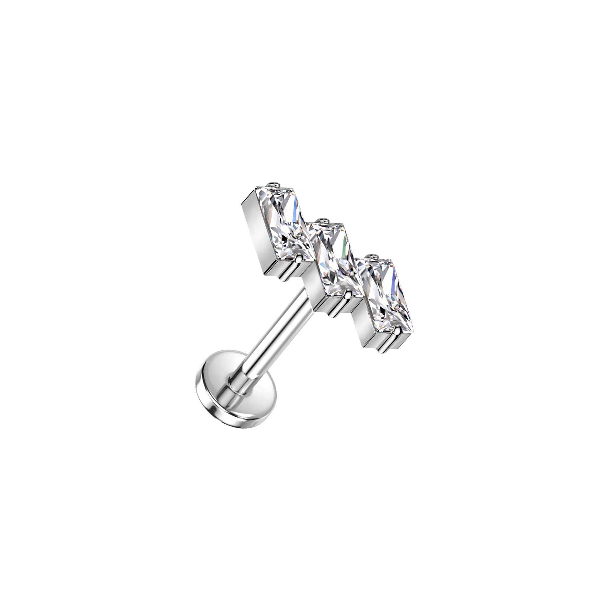 Silver stud earring with clear gemstones on a white background