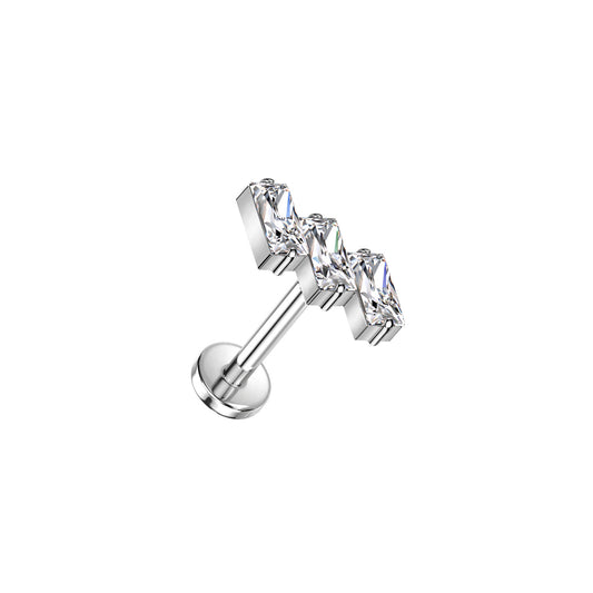 Silver stud earring with clear gemstones on a white background