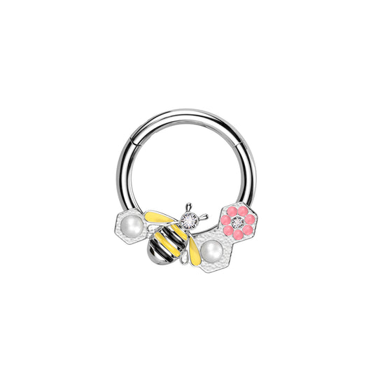 ✨ 16G Hinged Segment Hoop Ring with Bee and Flower