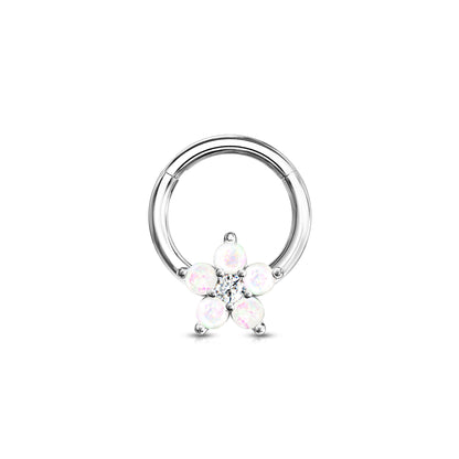 Opal CZ Flower Hinged Clicker Hoop 16G