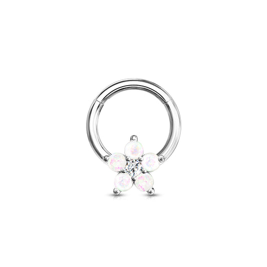 Opal CZ Flower Hinged Clicker Hoop 16G