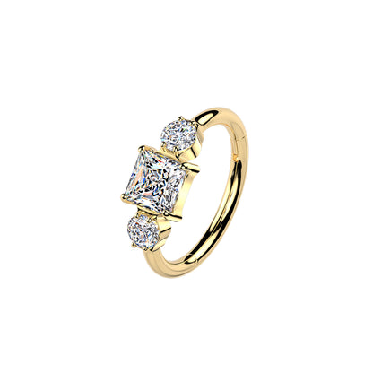 gold Titanium hinged hoop ring with square and round geometric design
