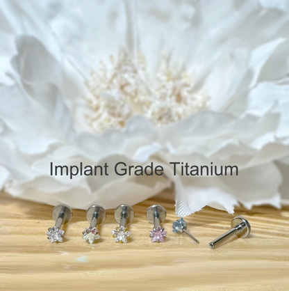 ✨ Titanium Prong-Set Pink Star CZ Top Push-In Labret Bar Stud