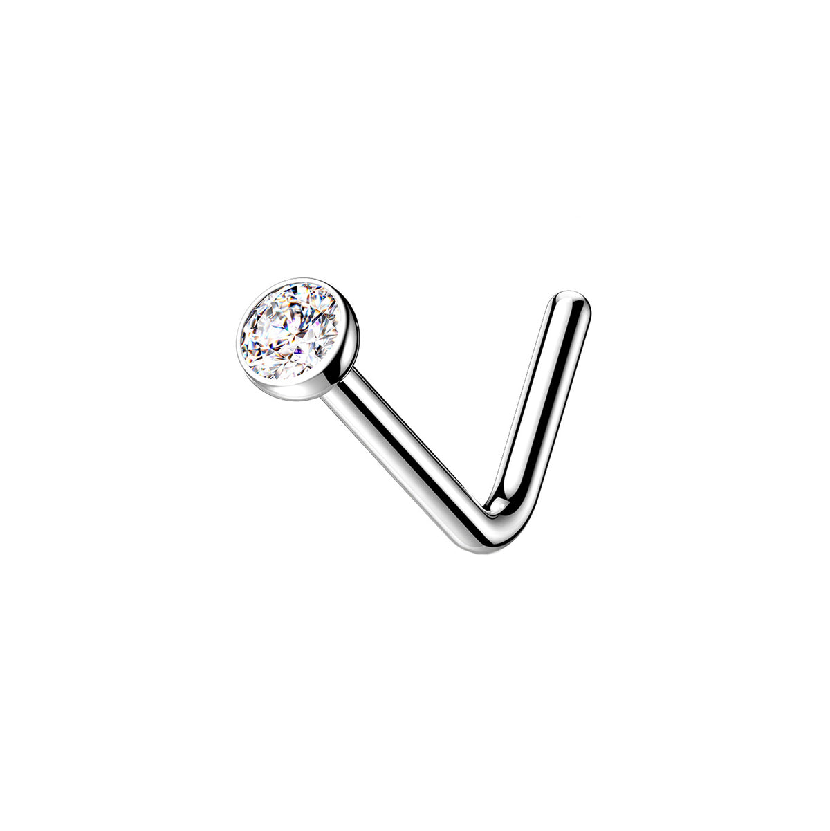 Clear CZ titanium L-bend nose stud on white background