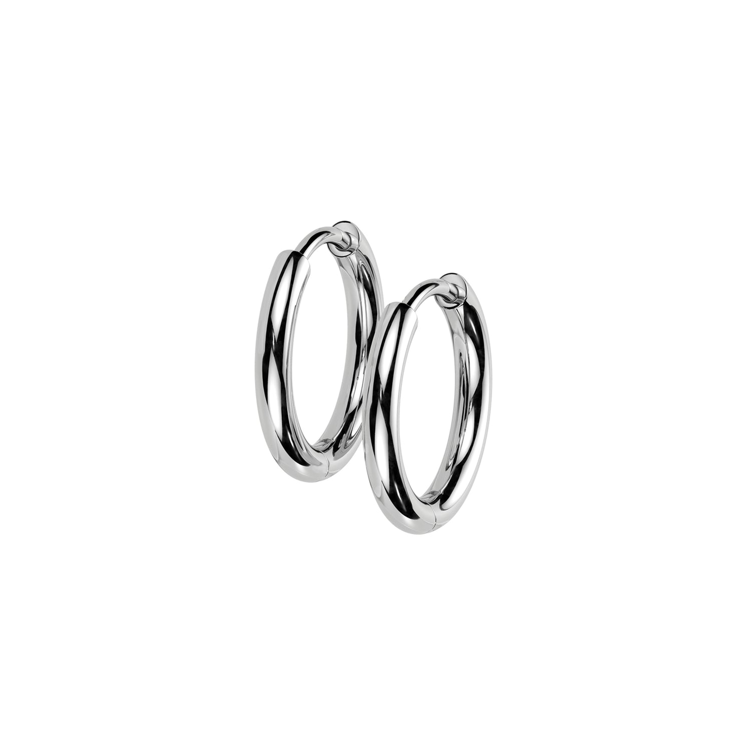 Silver titanium plain huggie hoop earrings on white background
