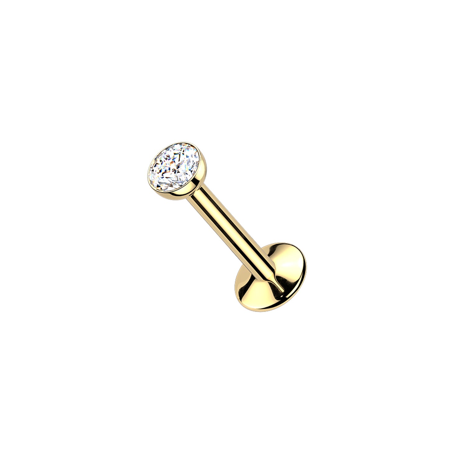 24K gold titanium internally threaded labret with CZ prong set top
