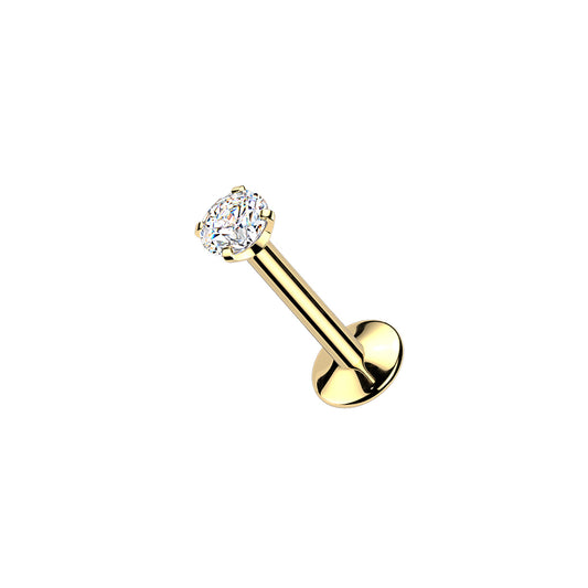 ✨ 24K Gold PVD Titanium Internally Threaded Convex Back Labret With Prong Set CZ Top