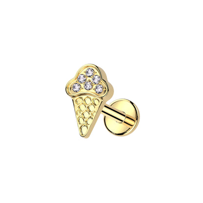 ✨ Titanium Ice Cream Cone CZ Top Internally Threaded Labret 16G
