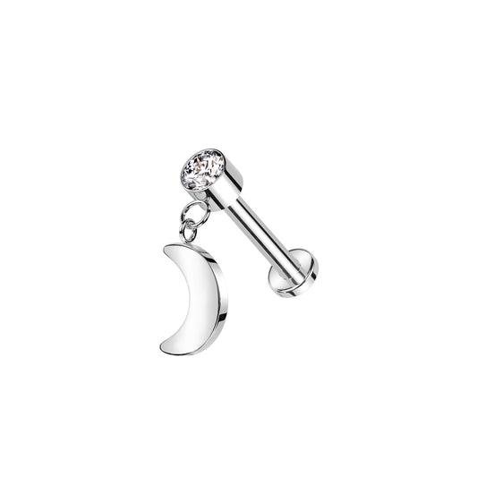 ✨ Titanium Crescent Moon CZ Dangle Top Internally Threaded Labret 16G