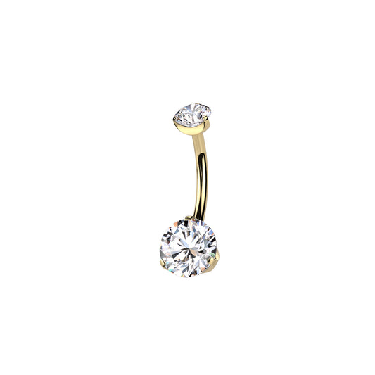 gold Titanium prong-set CZ belly button ring curved barbell
