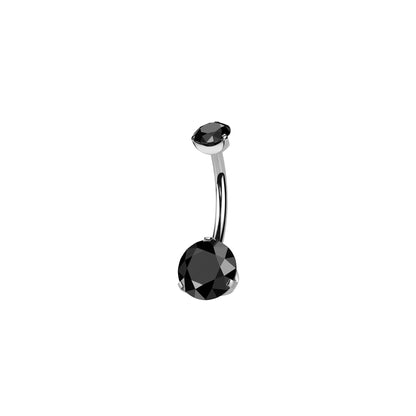 Titanium curved barbell belly ring with prong-set round black CZ
