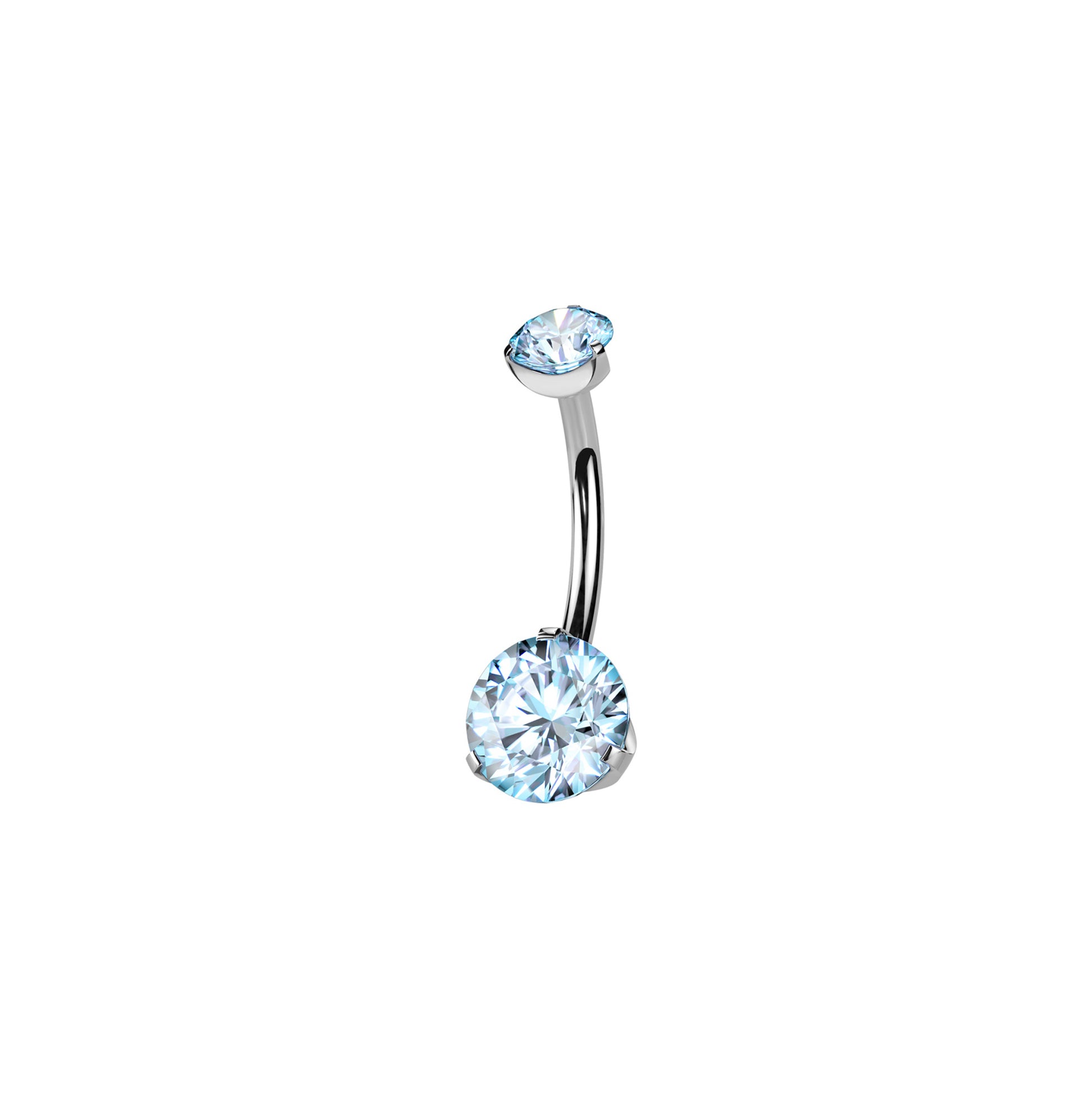 Titanium curved barbell belly ring with prong-set round aqua blue CZ
