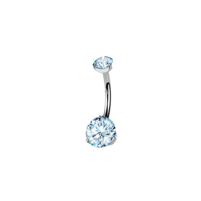 Titanium curved barbell belly ring with prong-set round aqua blue CZ
