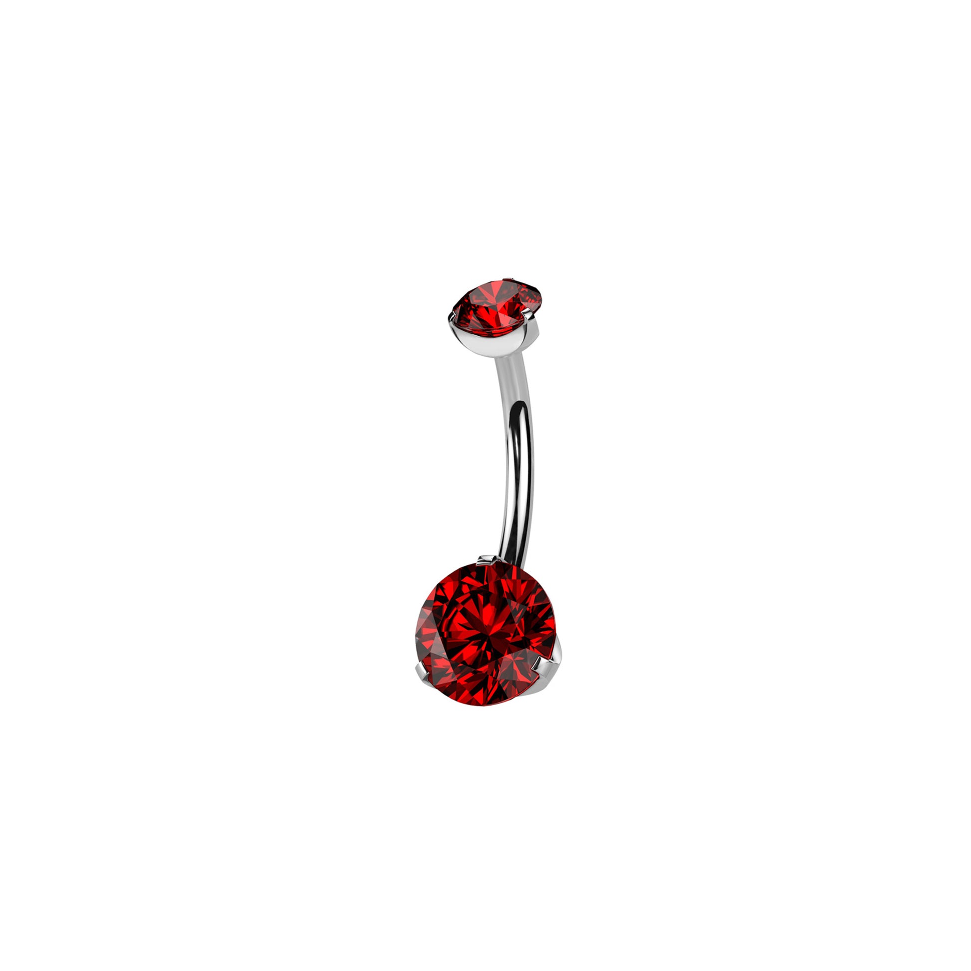 Titanium curved barbell belly ring with prong-set round red CZ
