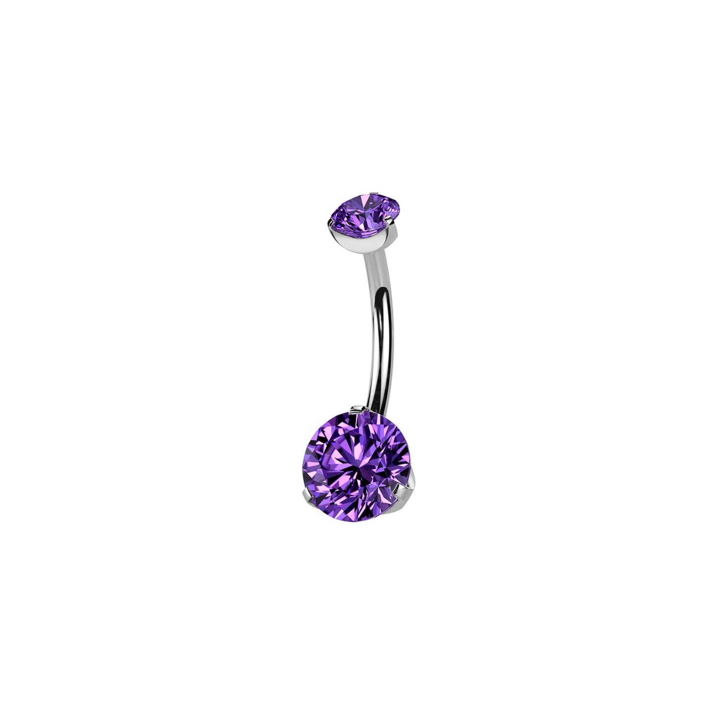 Titanium curved barbell belly ring with prong-set round purple CZ
