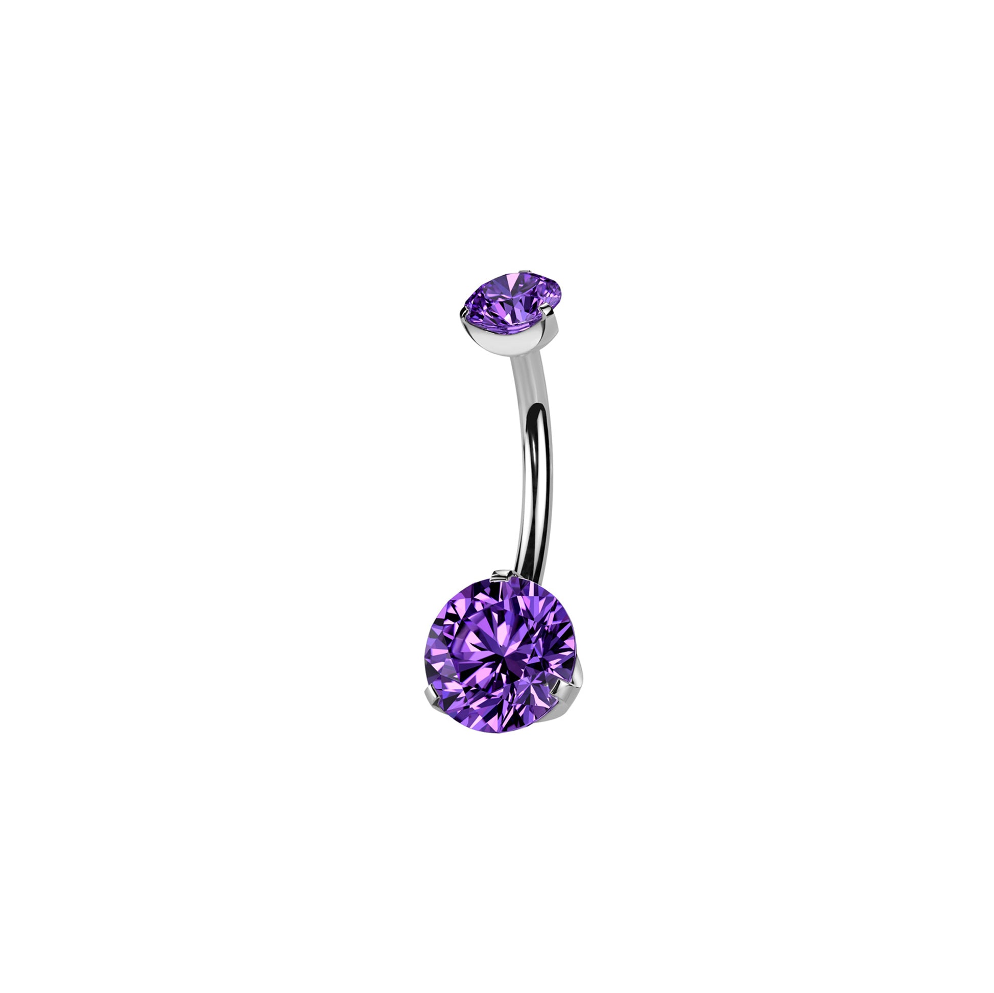 Titanium curved barbell belly ring with prong-set round purple CZ
