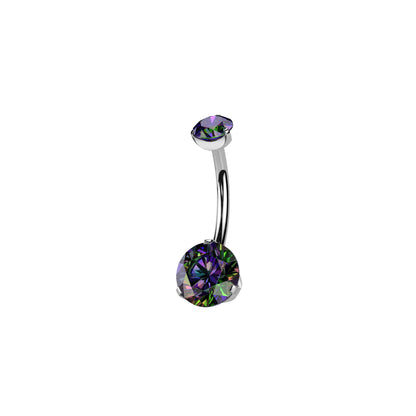 Titanium curved barbell belly ring with prong-set round vm CZ

