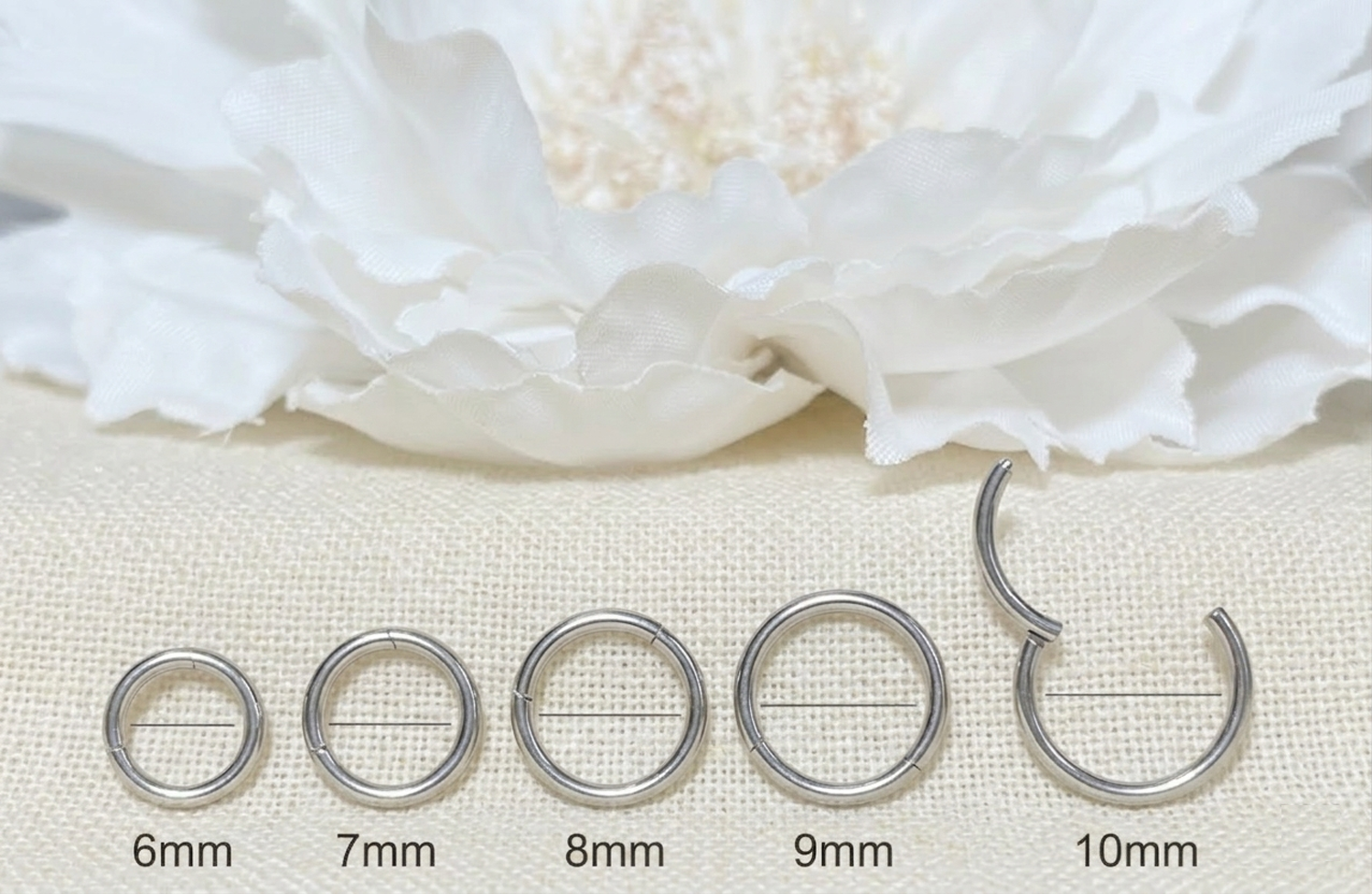 Silver titanium hinged hoop size comparison 6mm to 10mm