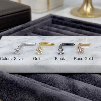 Surgical steel CZ L-bend nose studs in silver gold black and rose gold