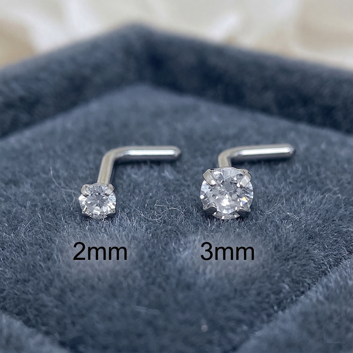 Titanium CZ L-bend nose studs size comparison 2mm and 3mm