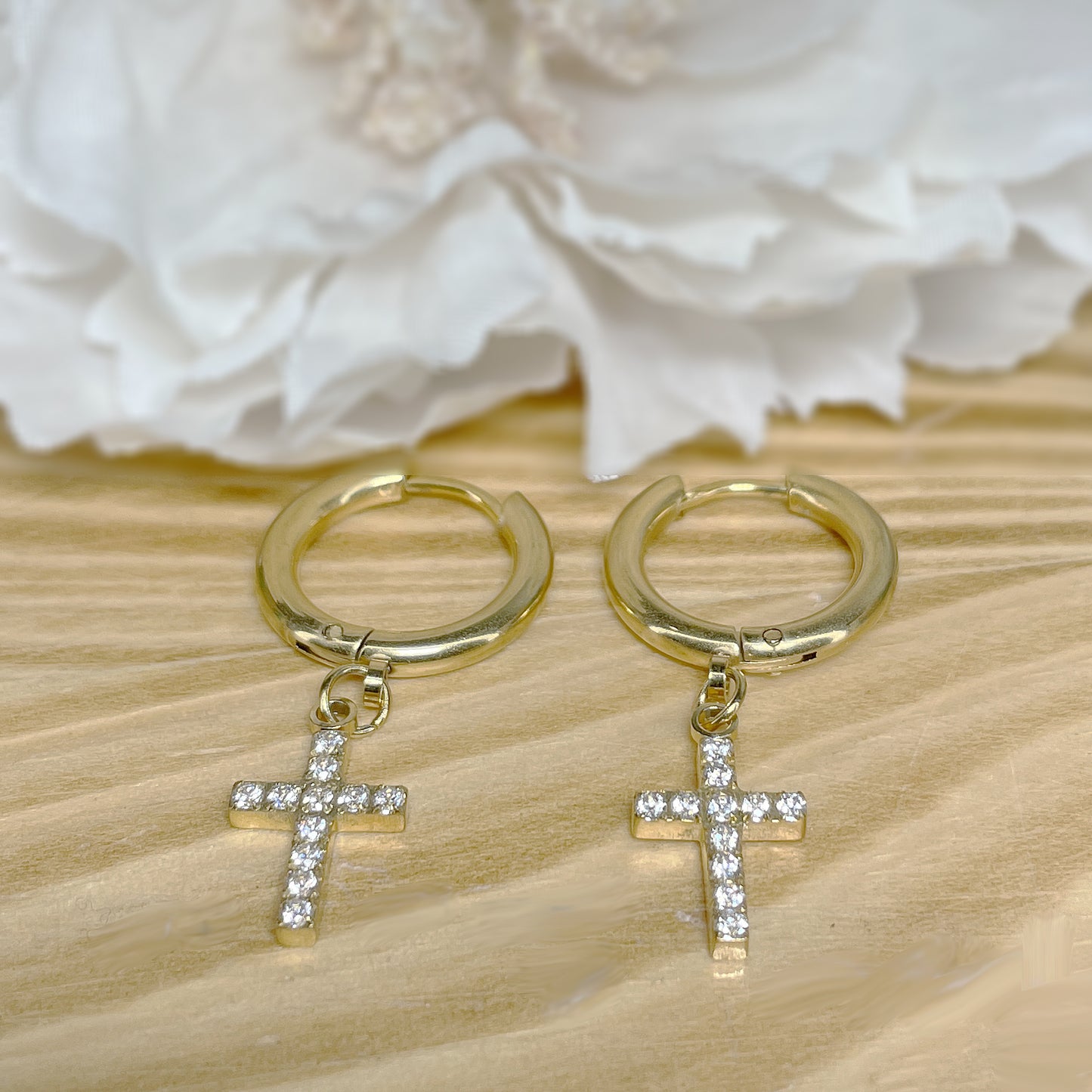 ✨ Surgical Steel CZ Cross Dangle Hoop Earrings