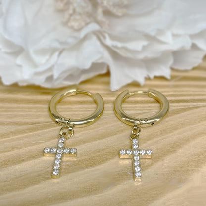 ✨ Surgical Steel CZ Cross Dangle Hoop Earrings