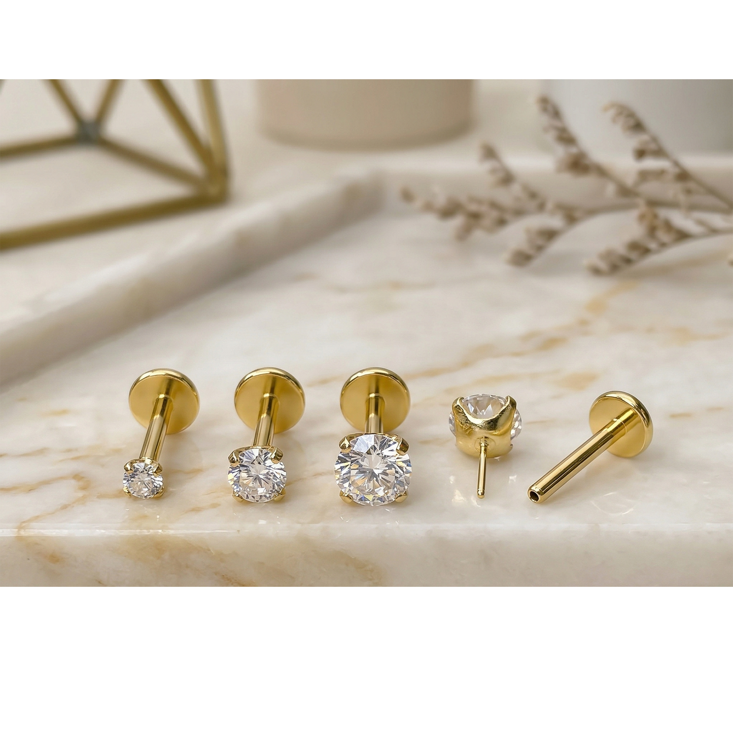 Gold titanium clear CZ prong threadless stud size comparison 2mm 3mm 4mm
