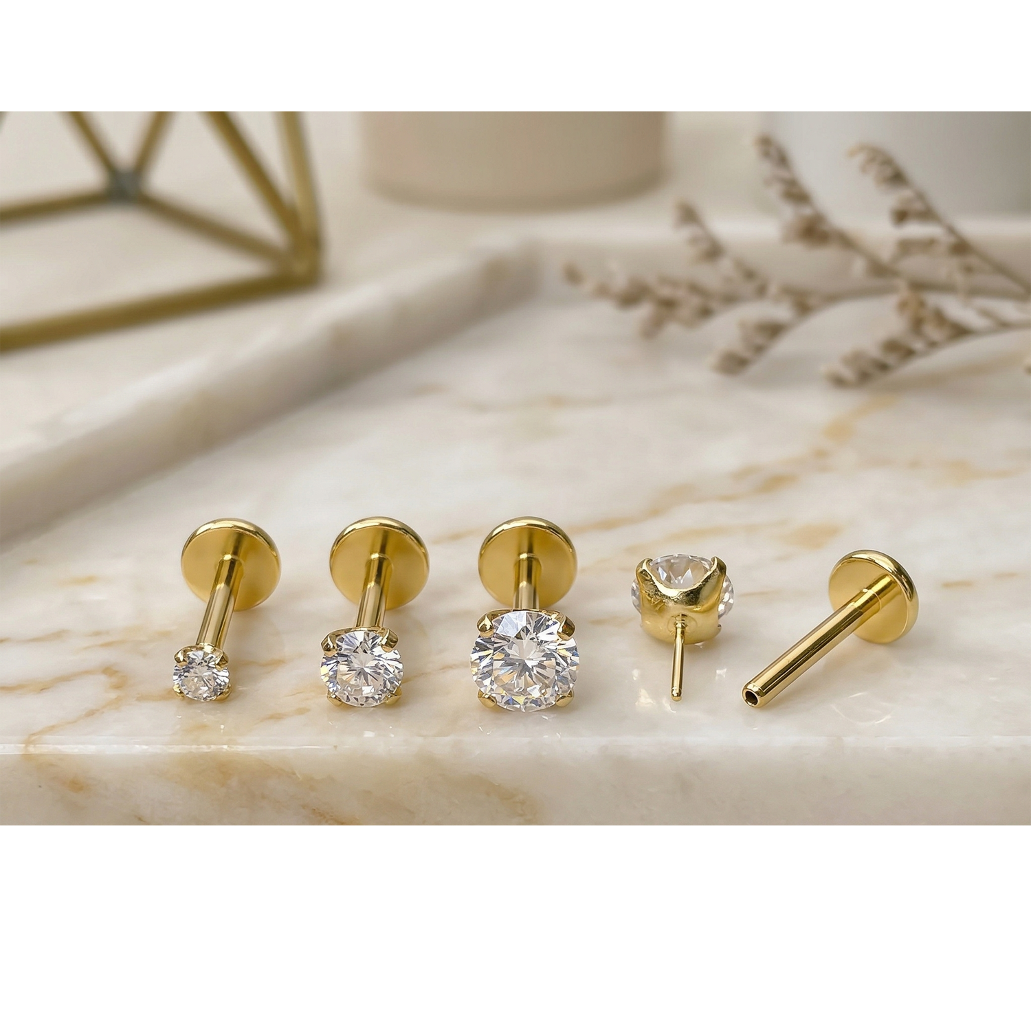 Gold titanium clear CZ prong threadless stud size comparison 2mm 3mm 4mm

